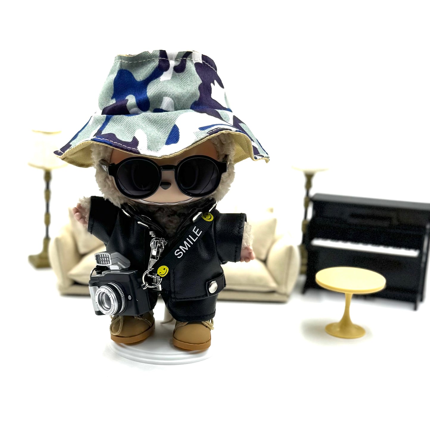 🧥 Urban Explorer Labubu Outfit | Flash Camera + Reversible Hat + Faux Leather Set + Shoes