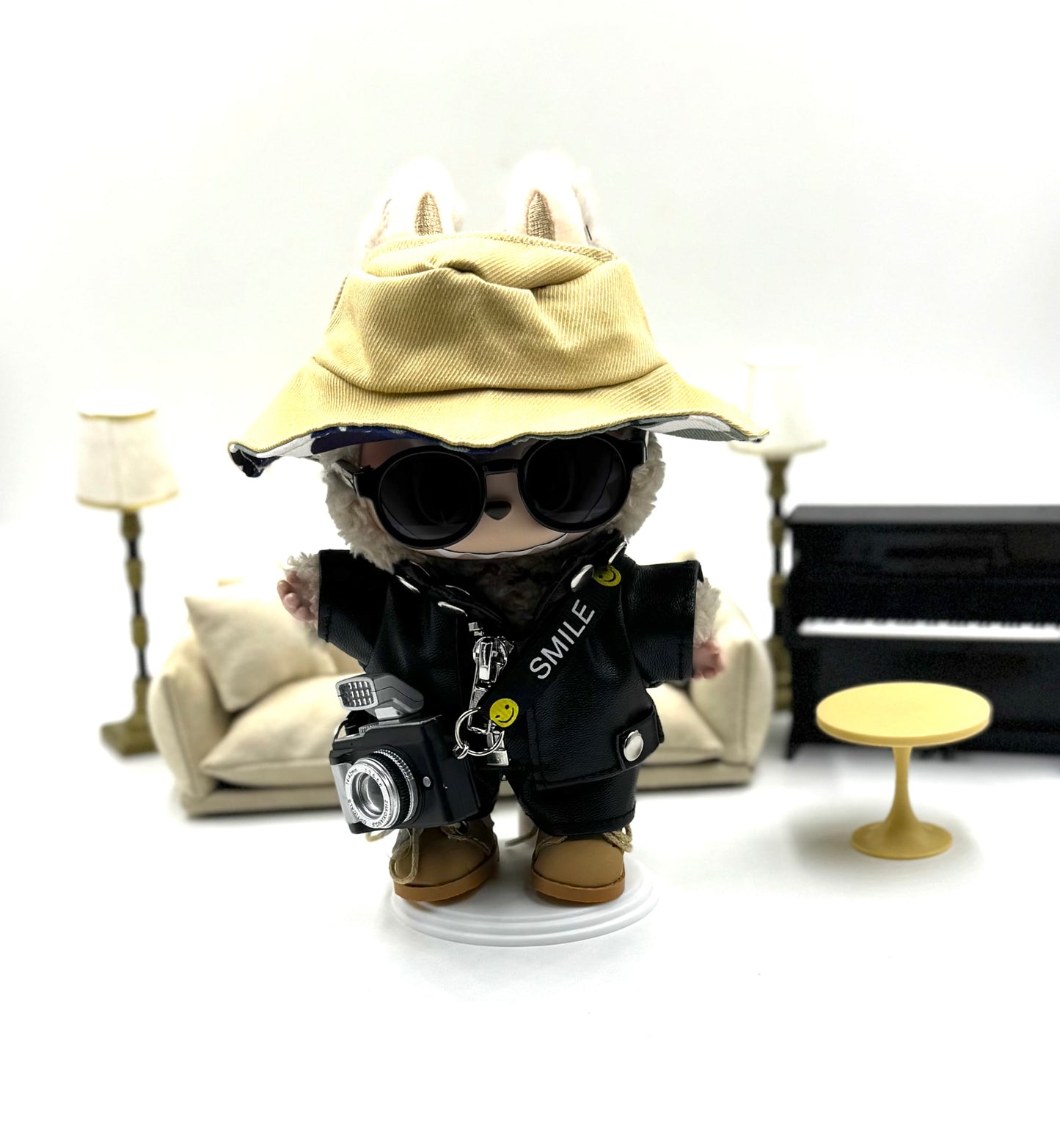 🧥 Urban Explorer Labubu Outfit | Flash Camera + Reversible Hat + Faux Leather Set + Shoes