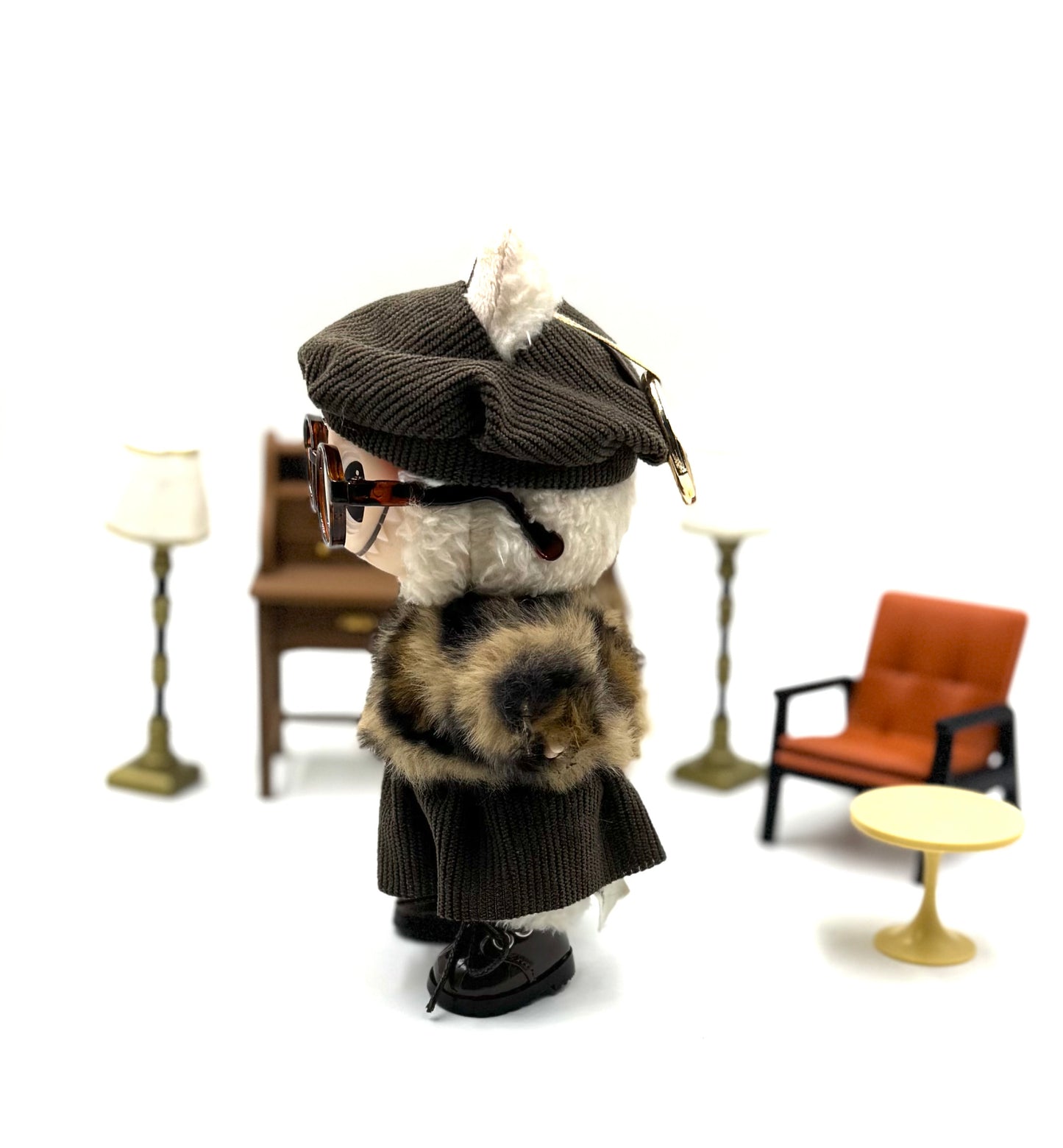 Labubu Designer Chic Set – Plaid Beret, Fuzzy Jacket & Corduroy Skirt | Fashion Doll Outfit with Glasses | Cozy Academic Aesthetic