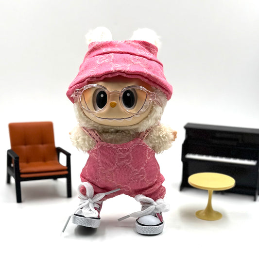 Bubblepop Pink Doll Outfit – Streetwear Set with Bucket Hat, Monogram Overalls, Glasses & Shoes for 17cm Labubu Bunny Doll Lovers