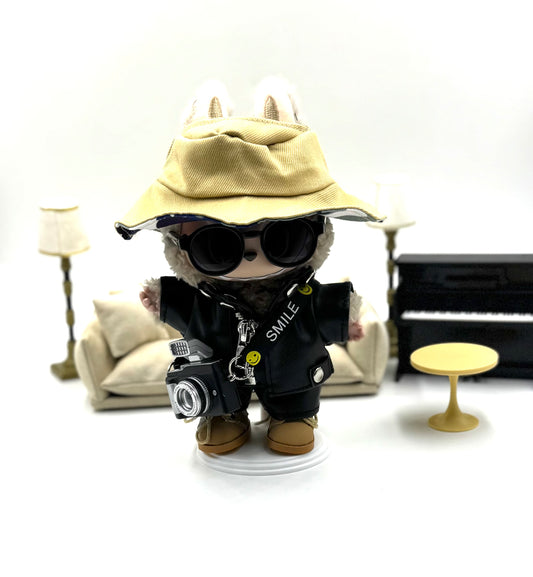 🧥 Urban Explorer Labubu Outfit | Flash Camera + Reversible Hat + Faux Leather Set + Shoes
