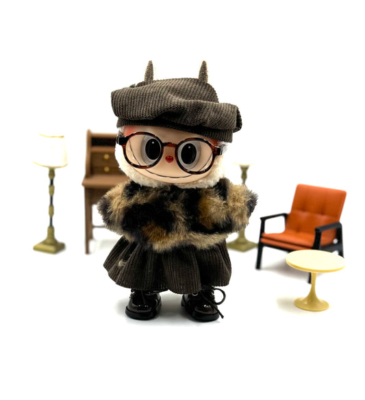 Labubu Designer Chic Set – Plaid Beret, Fuzzy Jacket & Corduroy Skirt | Fashion Doll Outfit with Glasses | Cozy Academic Aesthetic