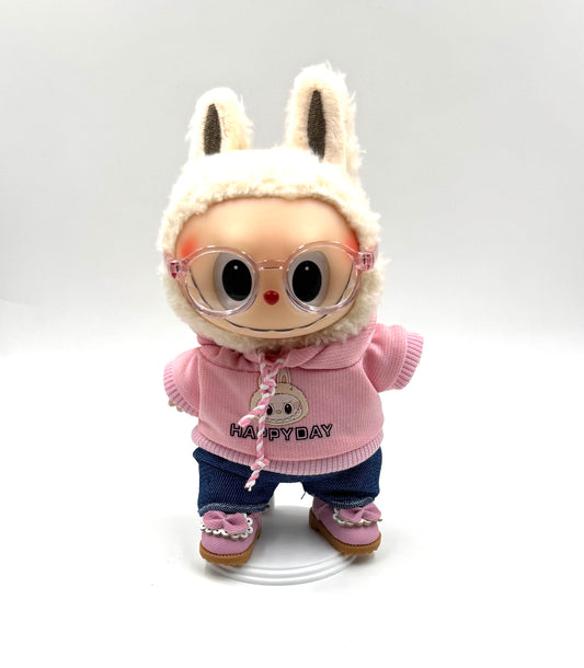 Labubu Hoodie Outfit Set – Pink or Orange Style w/ Glasses, Shoes & Pants