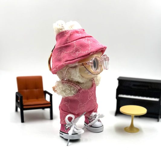 Bubblepop Pink Doll Outfit – Streetwear Set with Bucket Hat, Monogram Overalls, Glasses & Shoes for 17cm Labubu Bunny Doll Lovers