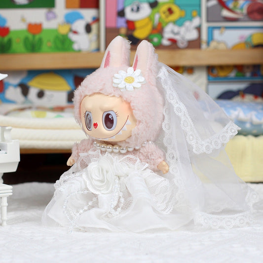 Fairytale Bride Set for Labubu Doll – 3 Piece Elegant Wedding Dress, Veil, and Pearls | Couture Bridal Outfit for Collectors & Dreamers Gift