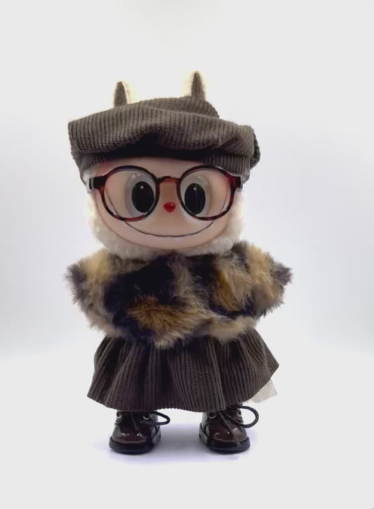 Labubu Designer Chic Set – Plaid Beret, Fuzzy Jacket & Corduroy Skirt | Fashion Doll Outfit with Glasses | Cozy Academic Aesthetic